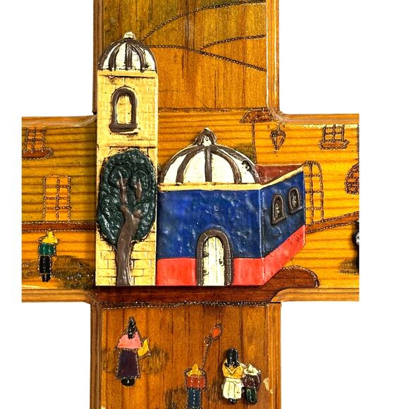 Folk Art Hand Painted 3-D Wood Cross Church Village Scene 20” x 14” - Picture 2 of 7